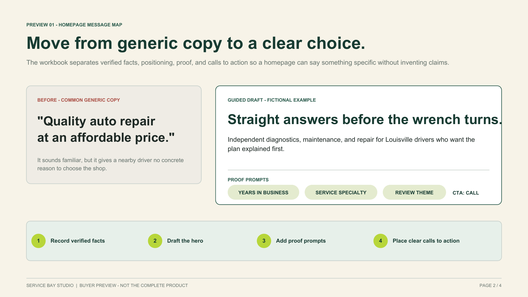 Homepage message-map preview comparing generic copy with a guided draft